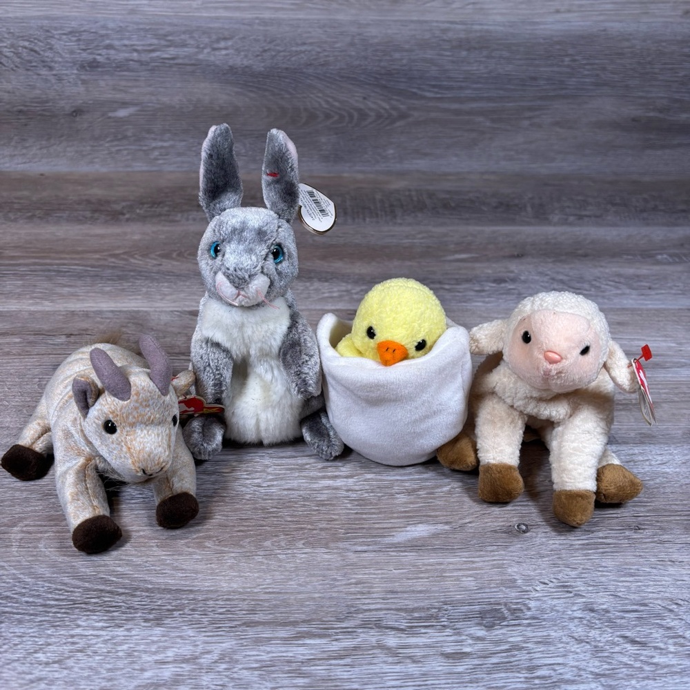 TY Beanie Babies Collection Farm Animals Lot Ewey, Eggbert, Hopper, Goatee